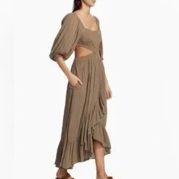 Free People Cross My Heart Cutout Maxi Dress taupe balloon sleeve side cut outs - Picture 3 of 14